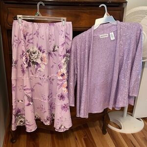 Alfred Dunner Lavender Floral Tiered Skirt with Lilac Cardigan Set